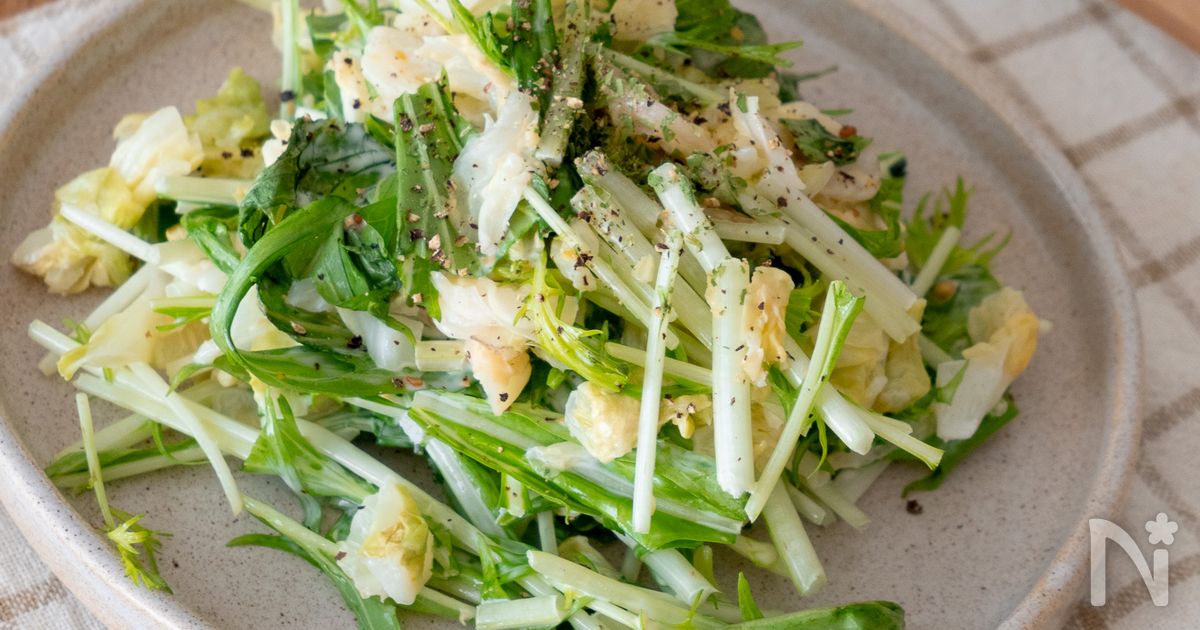 【レンジで簡単】パクパク食べられる！水菜とキャベツマヨサラダ