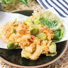 彩り天ぷら♪そら豆と新玉ねぎとホタテのかき揚げ！