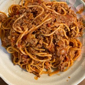 くだもの大好き🧡の作ってみた!投稿(パスタ別ゆで不要！挽き肉たっぷり「ミートソースパスタ」)