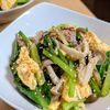 まゆのの作ってみた!投稿(豚肉と小松菜と卵のスタミナ塩炒め)
