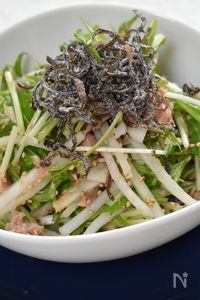 居酒屋の味♪パリパ大根と水菜のツナサラダ塩昆布のっけ
