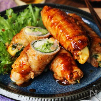 豆苗とチーズの豚巻き照り焼き