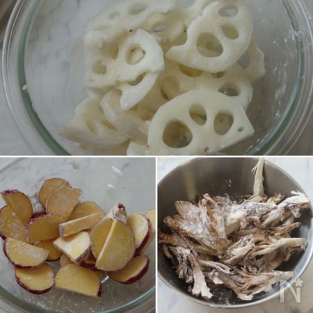 さつまいも・れんこん・まいたけのデリ風お惣菜工程1