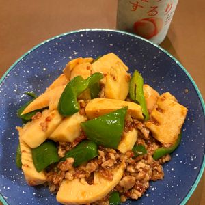 Robinの作ってみた!投稿(行列の定食屋さんの🍚筍とピーマンのオイスター肉味噌炒め🤩)