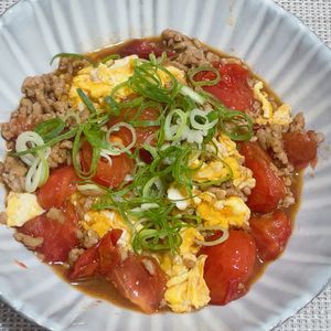 ゆまっくすの作ってみた!投稿(ごはんがすすむ！トマたまそぼろ炒め)