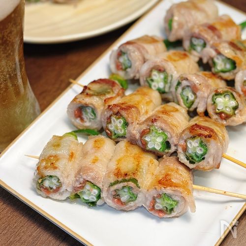 【オクラの梅しそ豚バラ巻き串焼き】手軽に居酒屋気分♪