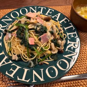 フミの作ってみた!投稿(簡単！『ほうれん草とベーコンとしめじの醤油パスタ』)