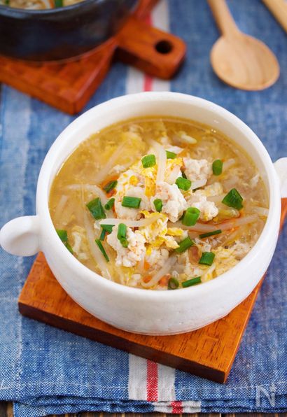 包丁いらず♪『鶏ひき肉ともやしのかき玉スープ』