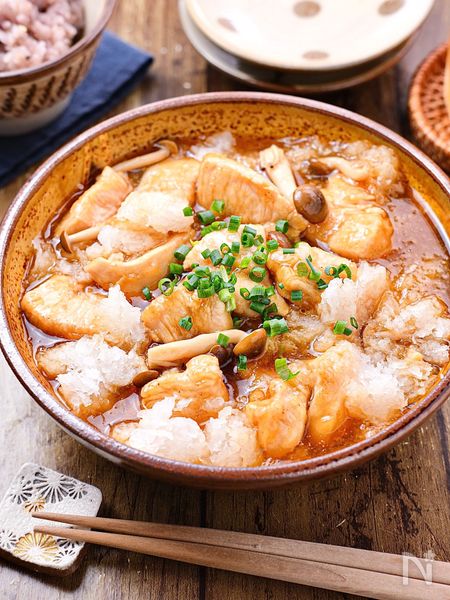 【鶏むね肉ときのこのおろしポン酢煮】とろ〜り♡10分おかず！