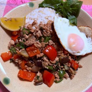 ゆっこの作ってみた!投稿(たっぷり野菜のヘルシー・ガパオライス【大豆ミート入り】)