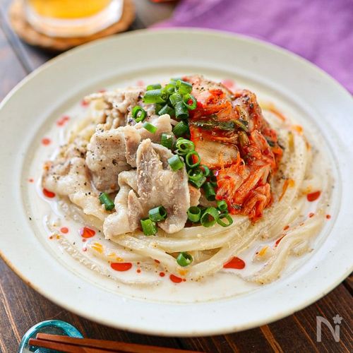 【天才的に旨い♡レンジで完成！冷やし豚キムチ豆乳うどん】簡単