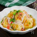 むっちり食感♪はんぺんと豆腐のしんじょ揚げ【カニカマあん】