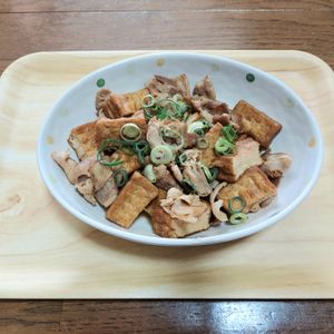 ひでの作ってみた!投稿(【豚こま厚揚げの甘辛すき煮】ワンパン10分!甘辛節約おかず♪)