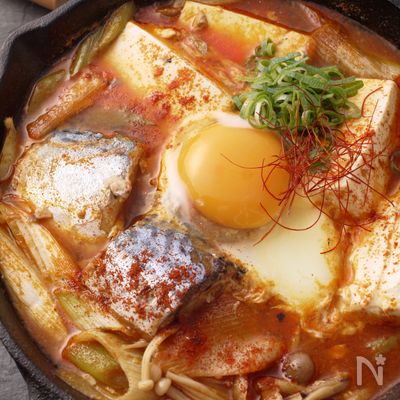 ☆サバ缶で簡単スンドゥブチゲ☆一人鍋♬DHAで受験に勝つ☆