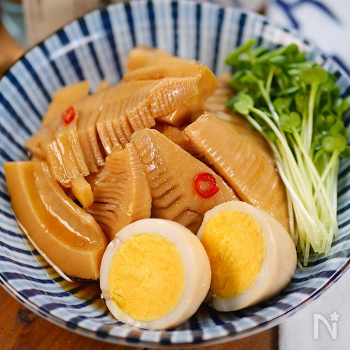 旦那のおつまみシリーズ①たけのこメンマと煮卵のセット😋🍺
