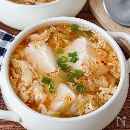 【お豆腐と卵の旨だしキムチスープ】5分で完成！包丁不要！