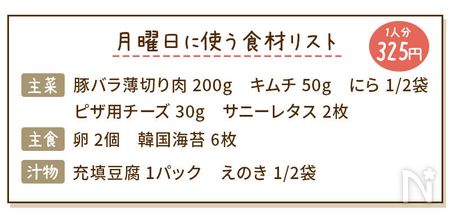 豚にらキムチーズ蒸し献立の食材リスト
