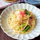 【かぶとかぶの葉のエビガーリックパスタ】節約/ワンパン