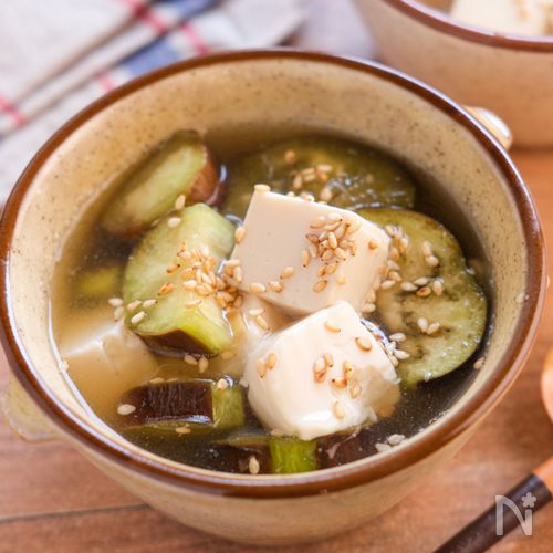 【豆腐となすの鶏がら生姜スープ】中華風♪とろみをつけても◎