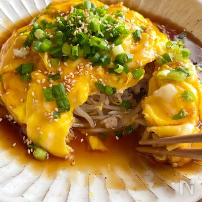 豚もやしとふわふわ卵のポン酢あんかけ