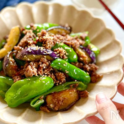 【茄子とピーマンの豚ひき肉オイスター炒め】ご飯が進む♪