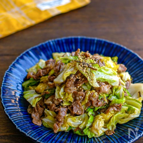 春きゃべつと牛こまの塩こんレモンマヨ炒め