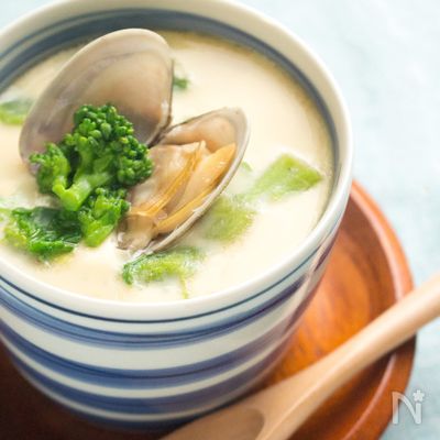 お鍋で作る あさりと菜の花の春の茶碗蒸し