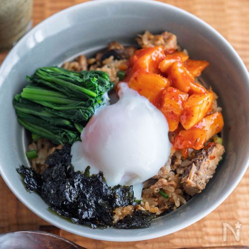 【ローリングストック】さば缶とキムチの旨辛ビビンバ風混ぜご飯