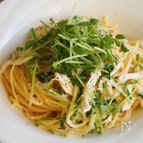 蒸し鶏と豆苗の豆腐クリームスパゲティ。