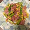 たりおの作ってみた!投稿(*アスパラベーコンの彩りコンソメ炒め*コーンの食感楽しい♪)
