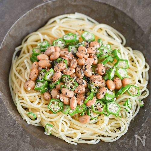 超簡単！ゆでたパスタに和えるだけ♪納豆オクラパスタ