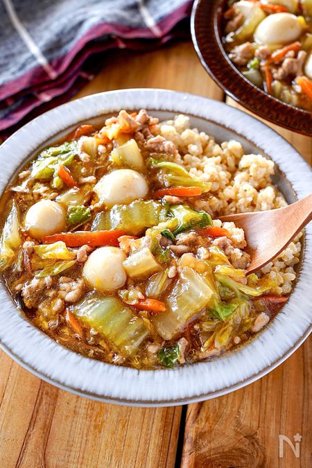 【ひき肉と白菜のあんかけごはん】10分で完成！レンジで楽々♪