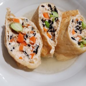 あゆなの作ってみた!投稿(レンジで料亭の味〖豆腐とひき肉の五目巾着〗じゅわ旨〜♪)