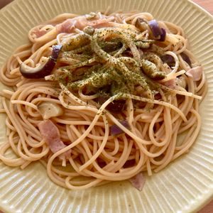 りぃママの作ってみた!投稿(フライパン1つ！満足度大【茄子とベーコンのバター醤油パスタ】)