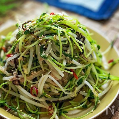 《5分で1品》もやしと豆苗とツナ缶の塩昆布ペペロンチーノ