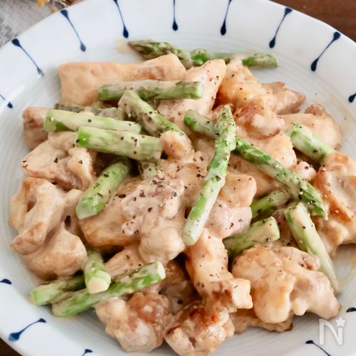 食べ応え抜群！簡単♪鶏もも肉とアスパラガスのマヨソース和え