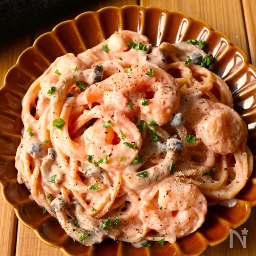 ワンパンで！【濃厚海老トマトクリームパスタ】生クリーム不要♩