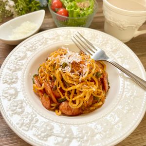 のりのり🐾🎀🤍の作ってみた!投稿(【焼きナポリタン】ゆでずに簡単！パパッとランチに◎)