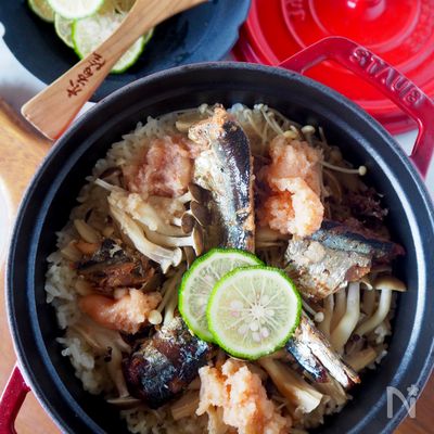 【缶詰さんまで絶品ご飯】秋刀魚ときのこと明太子の炊き込みご飯