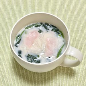 キャピタンの作ってみた!投稿(カップに入れてチン！「ほうれん草とベーコンの豆乳春雨スープ」)