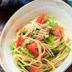 トマトとツナと水菜の冷製ポン酢パスタ【#混ぜるだけ#夏休み】