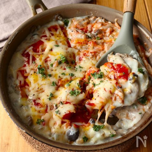 ワンパン10分【濃厚きのこミートグラタン】バター小麦粉不要♩