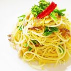 アジの干物と菜の花のペペロンチーノ