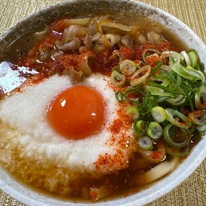 楽ラク手抜キッチン🐶🐾の作ってみた!投稿(甘辛お肉入り♪月見とろろうどん)