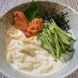楽ラク手抜キッチン🐶🐾の作ってみた!投稿(飲み干す美味しさ【冷やしめんたいクリームうどん】)