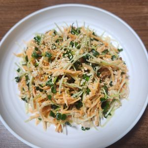 とももの作ってみた!投稿(パパっと作れる♩人参と貝割れ菜のツナマヨサラダ)
