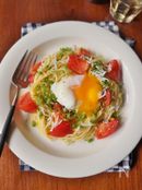 トマトとシラスの冷製月見パスタ