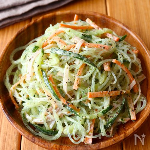レンジで簡単!【バジルマヨ春雨サラダ】調味料3つでお手軽♩