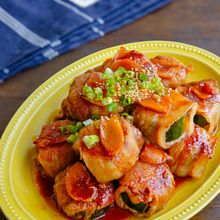 豚巻きズッキーニと新生姜の旨ぽん焼き