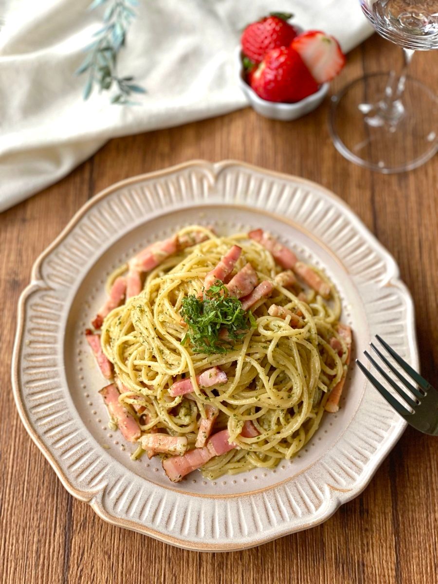 大葉とベーコンのジェノベーゼ風パスタ レシピサイトnadia
